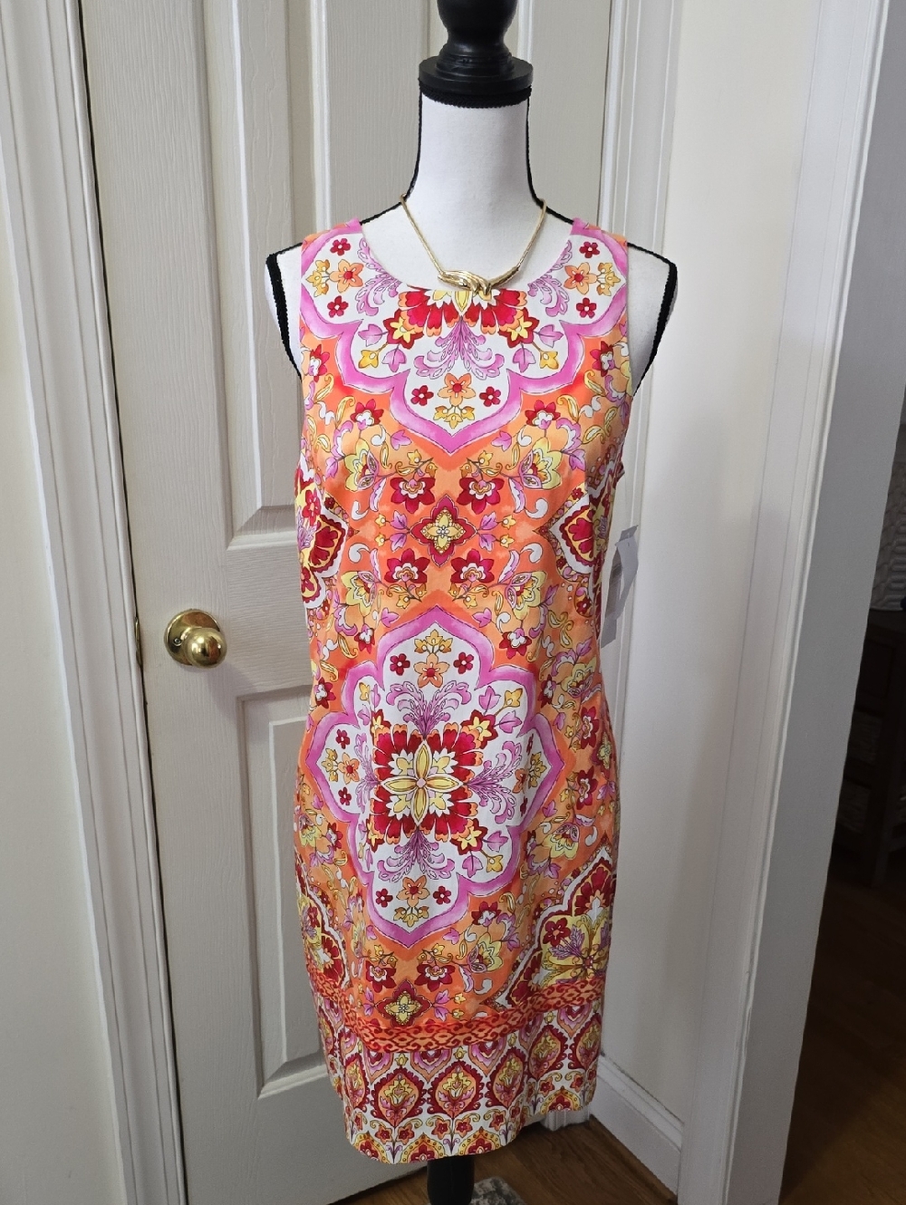 LONDON TIMES BRAND WOMEN'S ORANGE AND RED FLORAL SLEEVELESS SUMMER DRESS SIZE 10